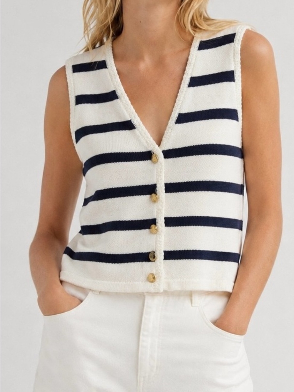 • J.Crew Factory Striped Button Sweater Vest Ivory Navy Gold Button Nautical S